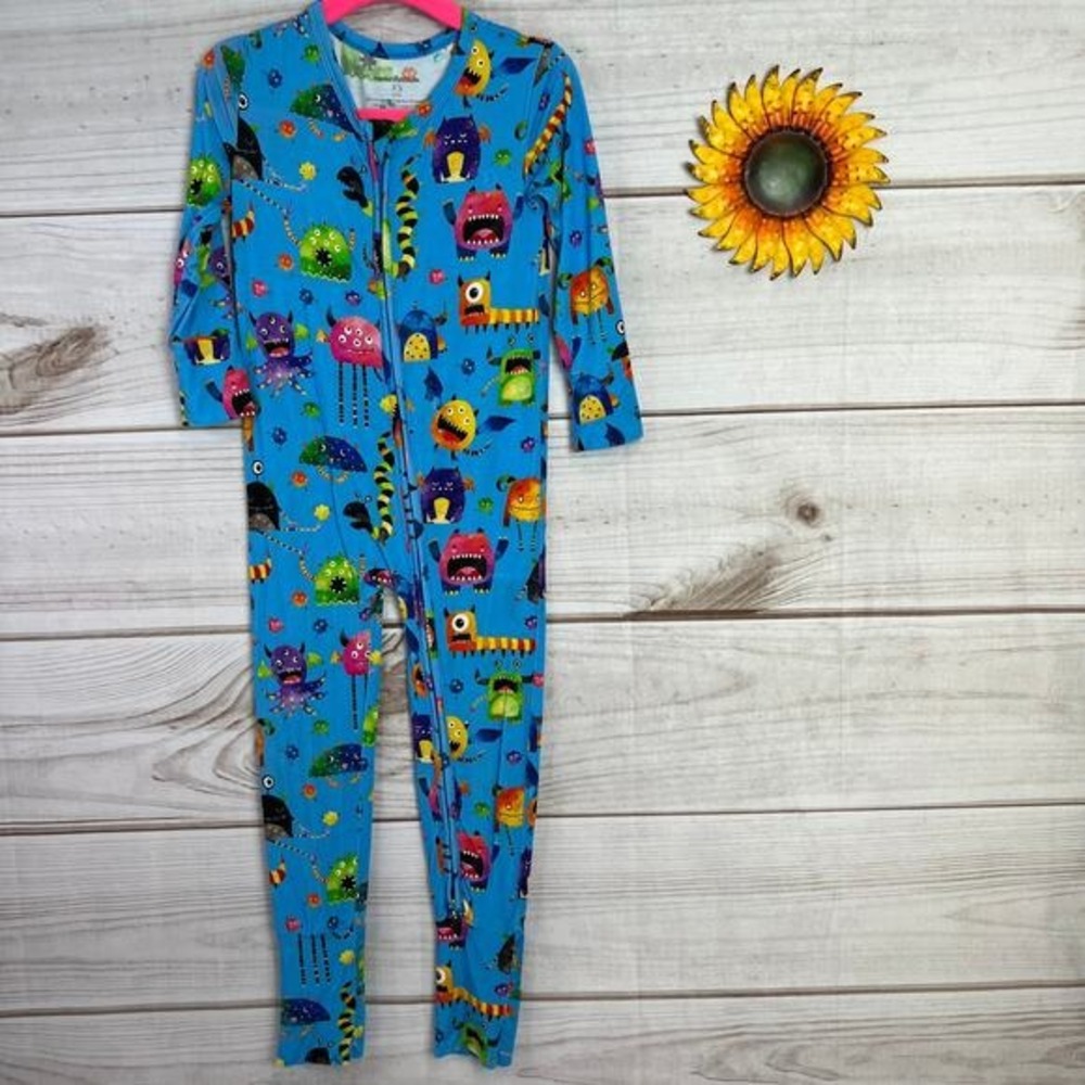 Muse Threads Kids Blue Monster‎ Print Bamboo Pajama Romper One Piece Size XS 2/3